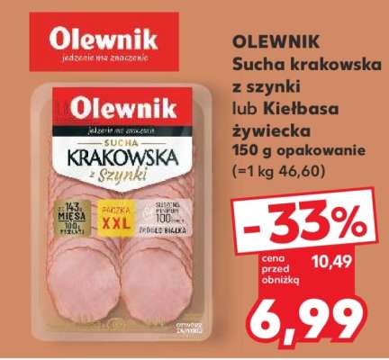OLEWNIK Sucha krakowska z szynki lub Kiełbasa żywiecka 150 g opakowanie