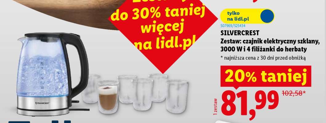 SILVERCREST Zestaw: czajnik elektryczny szklany, 3000 W i 4 filiżanki do herbaty