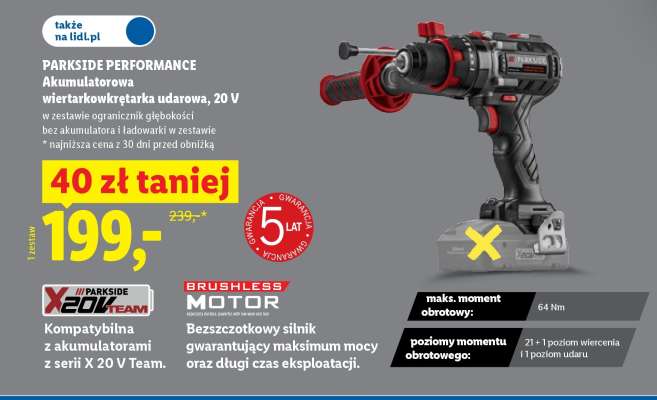 PARKSIDE PERFORMANCE Akumulatorowa wiertarkowkrętarka udarowa, 20 V