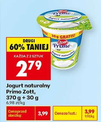 Jogurt naturalny Primo Zott, 370 g + 30 g