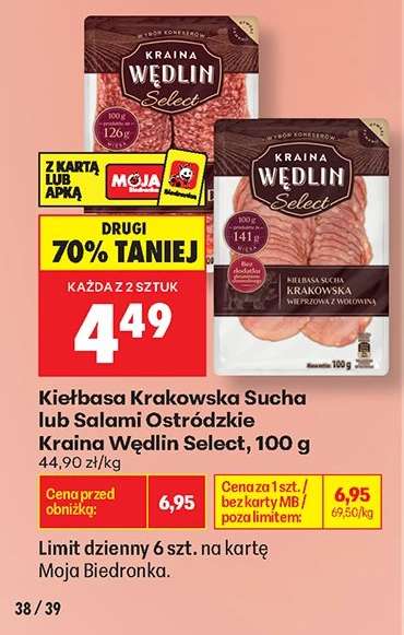 Kiełbasa Krakowska Sucha lub Salami Ostródzkie Kraina Wędlin Select , 100 g