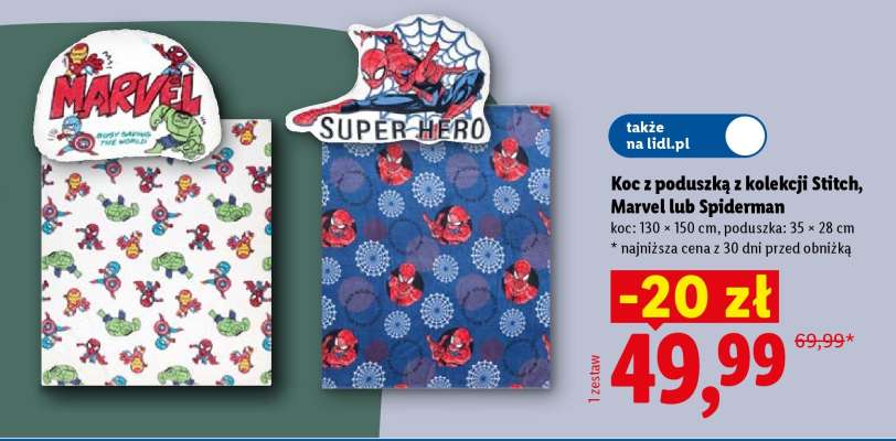 Koc z poduszką z kolekcji Stitch, Marvel lub Spiderman