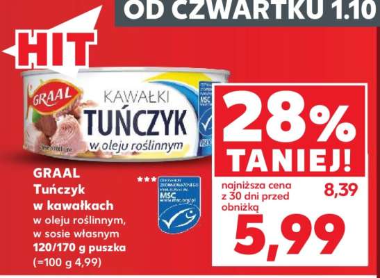 GRAAL Tuńczyk w kawałkach w oleju roślinnym, w sosie własnym 120/170 g puszka