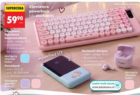 Klawiatura, powerbank lub słuchawki