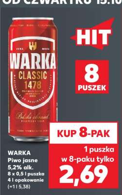 WARKA Piwo jasne 5,2% alk. 8 x 0,5 l puszka 4 l opakowanie (=1 l 5,38)