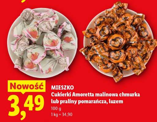MIESZKO Cukierki Amoretta malinowa chmurka lub praliny pomarańcza, luzem